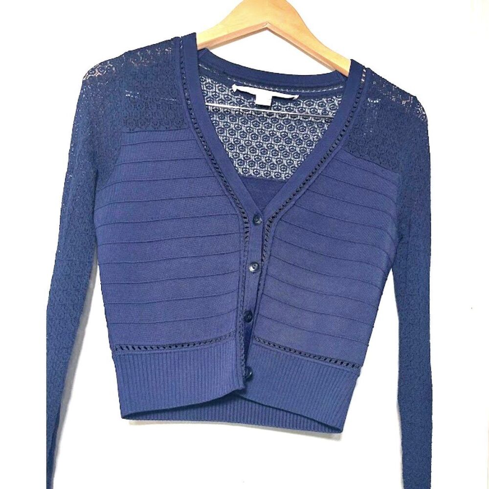 Diane Von Furstenburg DVF Cardigan Size Small Navy Sweater Top Fitted Lace work